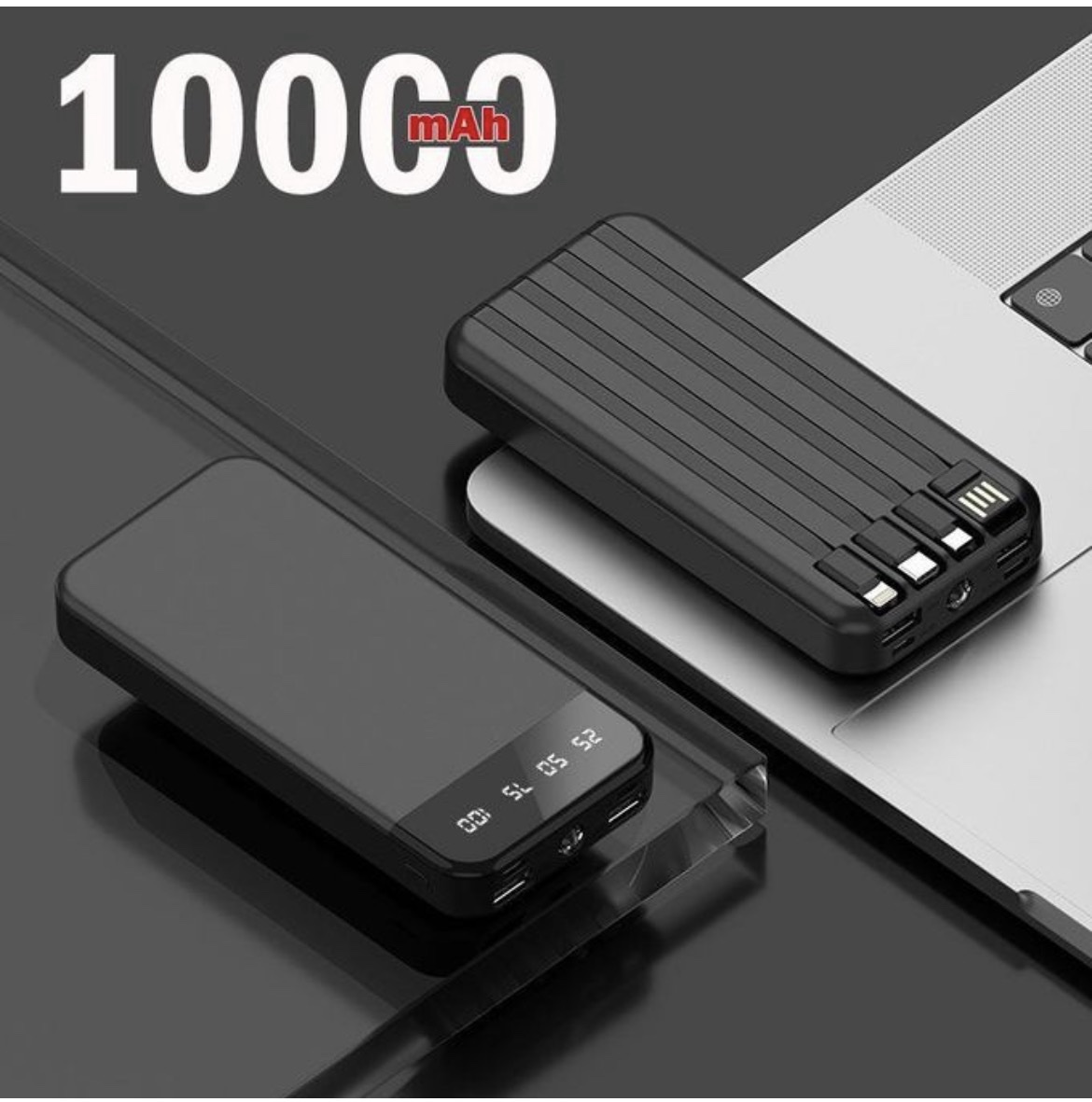 Built in 4 Cables Power Banks 10000mAh Power bank Portable 2A Fast Charge Power Banks with Flashlight Black - Image 2