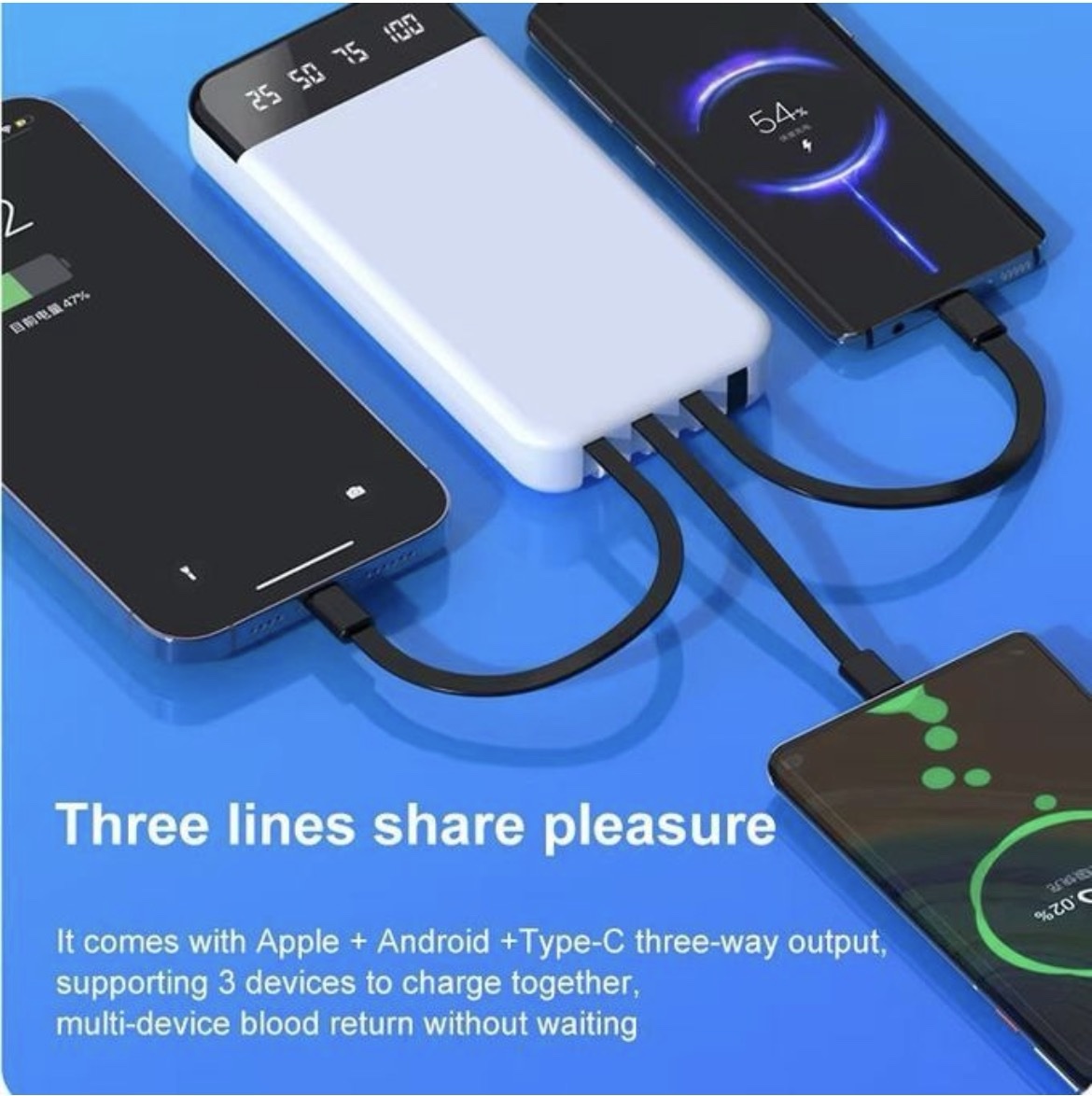 Built in 4 Cables Power Banks 10000mAh Power bank Portable 2A Fast Charge Power Banks with Flashlight Black