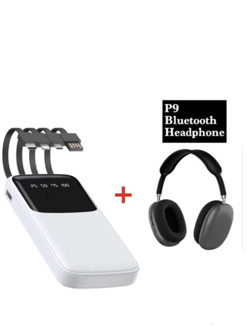 1000 mAh Plus with Inbuilt charging cable Power bank +P9 Bluetooth Headphone- White &Black