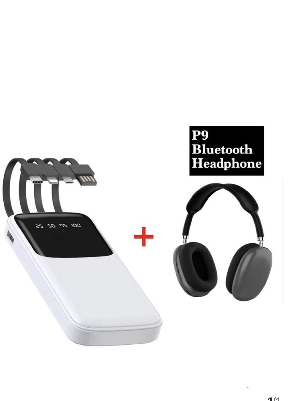 1000 mAh Plus with Inbuilt charging cable Power bank +P9 Bluetooth Headphone- White &Black - Image 2