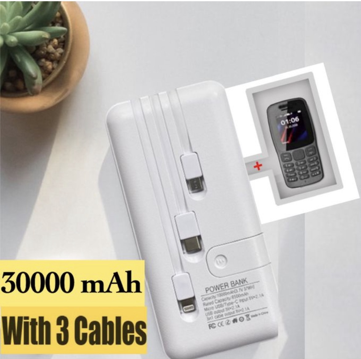 Durable Power Bank Plus FREE Dual Sim Phone - 30,000 mAh White