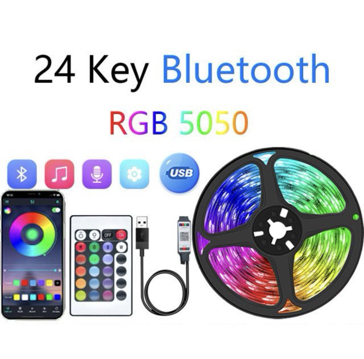 5M RGB LED Strip Lights – Music Sync, Color Changing, Remote & App Control. Perfect for bedrooms, gaming setups, and parties!”